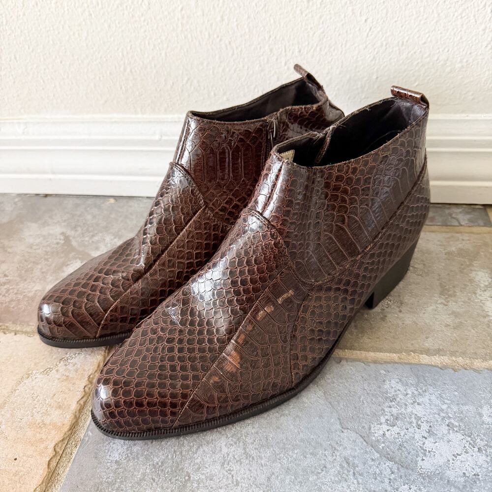 Miralto Brown Faux Leather Reptile Embossed Ankle Boots Zip Heel Sz 10